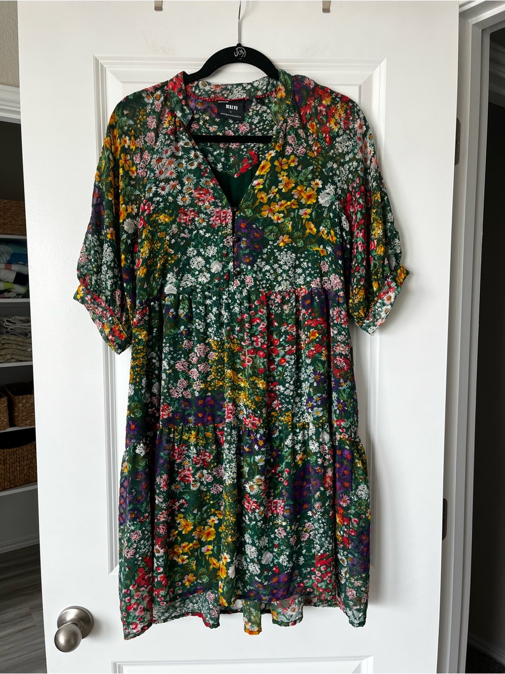 Anthropologie Green Floral V-Neck Tiered Mini Dress - Picture 3 of 8